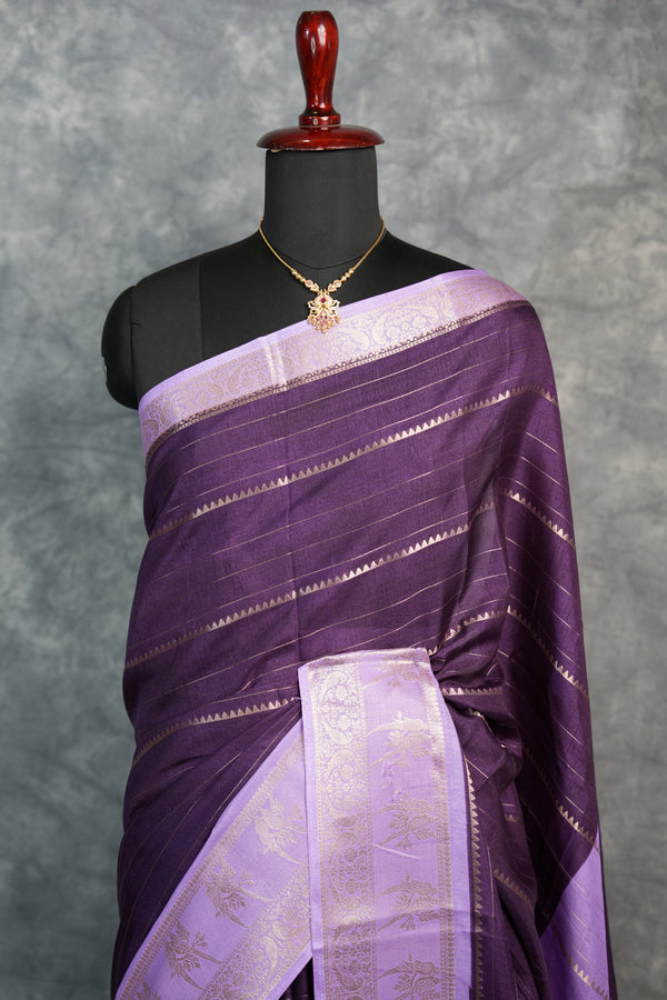 Semi Mysore Silk Saree in Deep Plum with Soft Lavender Parrot Border Rich Zari Stripes Contrast Pallu Antique Gold Motifs Festive Wedding Wear Classic South Indian Elegance