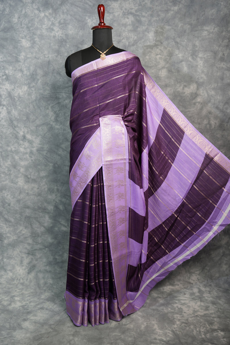 Semi Mysore Silk Saree in Deep Plum with Soft Lavender Parrot Border Rich Zari Stripes Contrast Pallu Antique Gold Motifs Festive Wedding Wear Classic South Indian Elegance