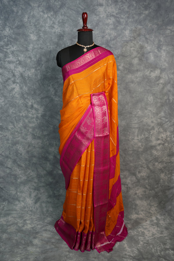Mango Yellow Semi Mysore Silk Saree with Hot Pink Contrast Border, Elegant Gold Zari Stripes Body, Floral & Parrot Motif Zari Weaving, Traditional Ethnic Saree for Women, Perfect for Weddings, Festive Functions & Special Occasions