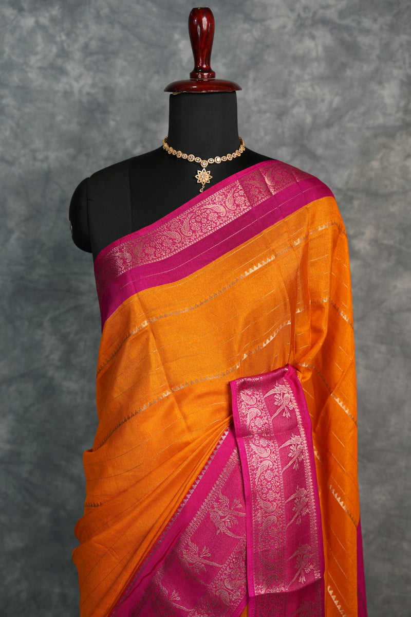 Mango Yellow Semi Mysore Silk Saree with Hot Pink Contrast Border, Elegant Gold Zari Stripes Body, Floral & Parrot Motif Zari Weaving, Traditional Ethnic Saree for Women, Perfect for Weddings, Festive Functions & Special Occasions