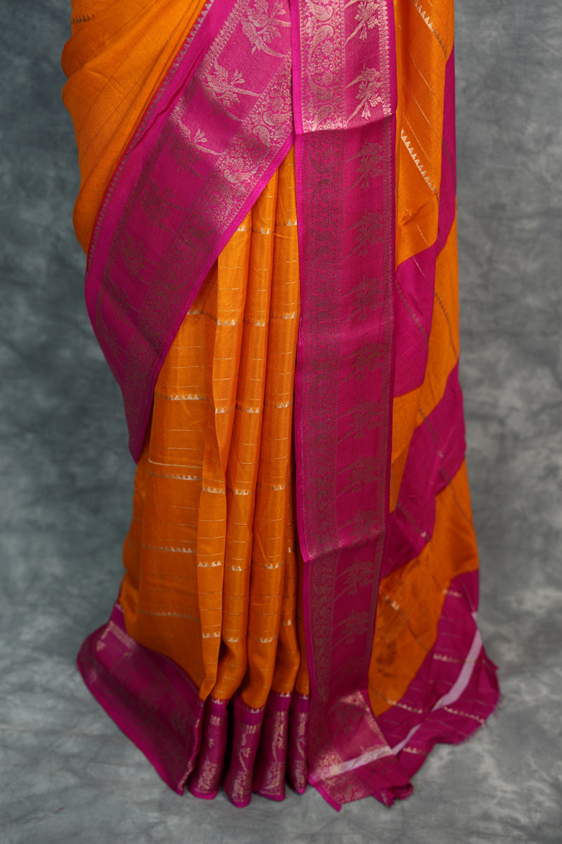 Mango Yellow Semi Mysore Silk Saree with Hot Pink Contrast Border, Elegant Gold Zari Stripes Body, Floral & Parrot Motif Zari Weaving, Traditional Ethnic Saree for Women, Perfect for Weddings, Festive Functions & Special Occasions