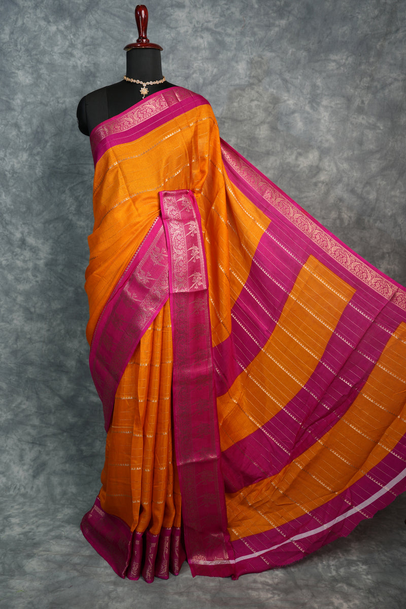 Mango Yellow Semi Mysore Silk Saree with Hot Pink Contrast Border, Elegant Gold Zari Stripes Body, Floral & Parrot Motif Zari Weaving, Traditional Ethnic Saree for Women, Perfect for Weddings, Festive Functions & Special Occasions