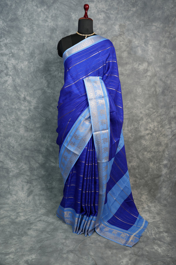 Royal Blue with Ice Blue Semi Mysore Silk Saree Silver Gold Zari Stripes BodyParrot & Floral Motif Zari Border Perfect for Festive Wedding Functions Traditional Ethnic Saree for Women