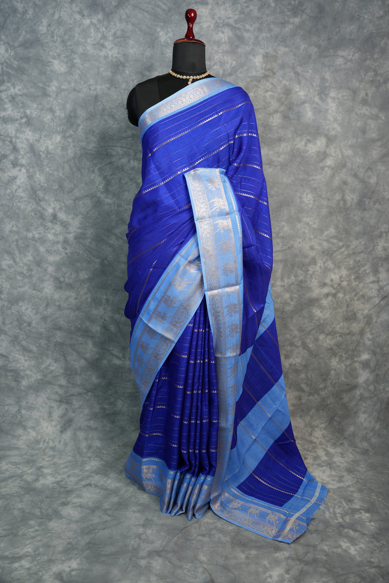 Royal Blue with Ice Blue Semi Mysore Silk Saree Silver Gold Zari Stripes BodyParrot & Floral Motif Zari Border Perfect for Festive Wedding Functions Traditional Ethnic Saree for Women