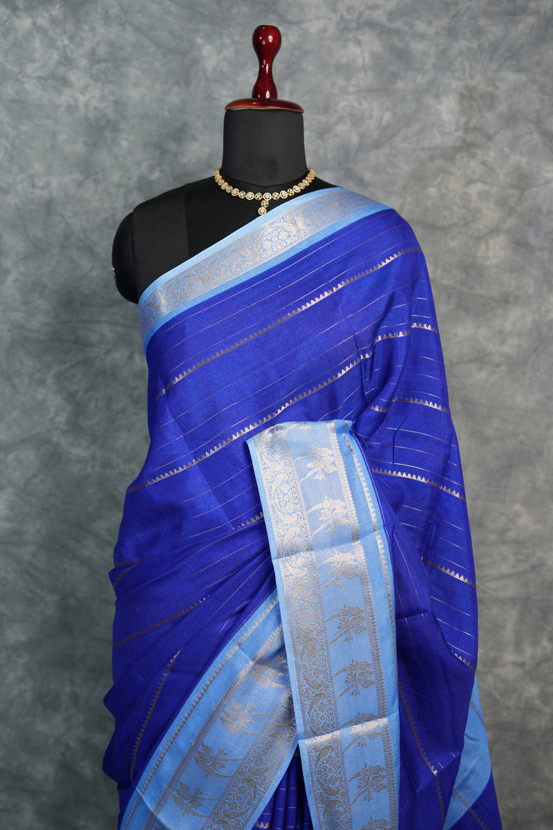 Royal Blue with Ice Blue Semi Mysore Silk Saree Silver Gold Zari Stripes BodyParrot & Floral Motif Zari Border Perfect for Festive Wedding Functions Traditional Ethnic Saree for Women