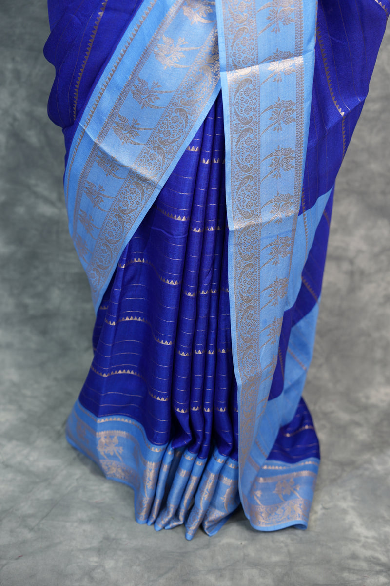 Royal Blue with Ice Blue Semi Mysore Silk Saree Silver Gold Zari Stripes BodyParrot & Floral Motif Zari Border Perfect for Festive Wedding Functions Traditional Ethnic Saree for Women