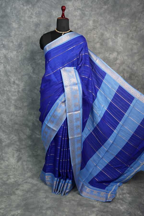 Royal Blue with Ice Blue Semi Mysore Silk Saree Silver Gold Zari Stripes BodyParrot & Floral Motif Zari Border Perfect for Festive Wedding Functions Traditional Ethnic Saree for Women