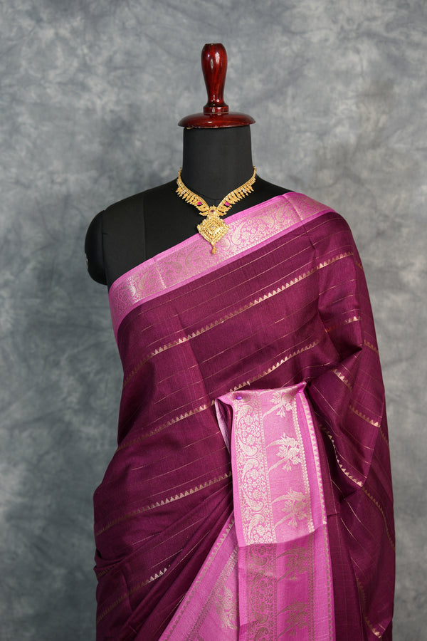 Wine Semi Mysore Silk Saree with Pink Gold Zari Border & Floral Motif Pallu Traditional Festive Wedding Saree for Women Ethnic Indian Wear