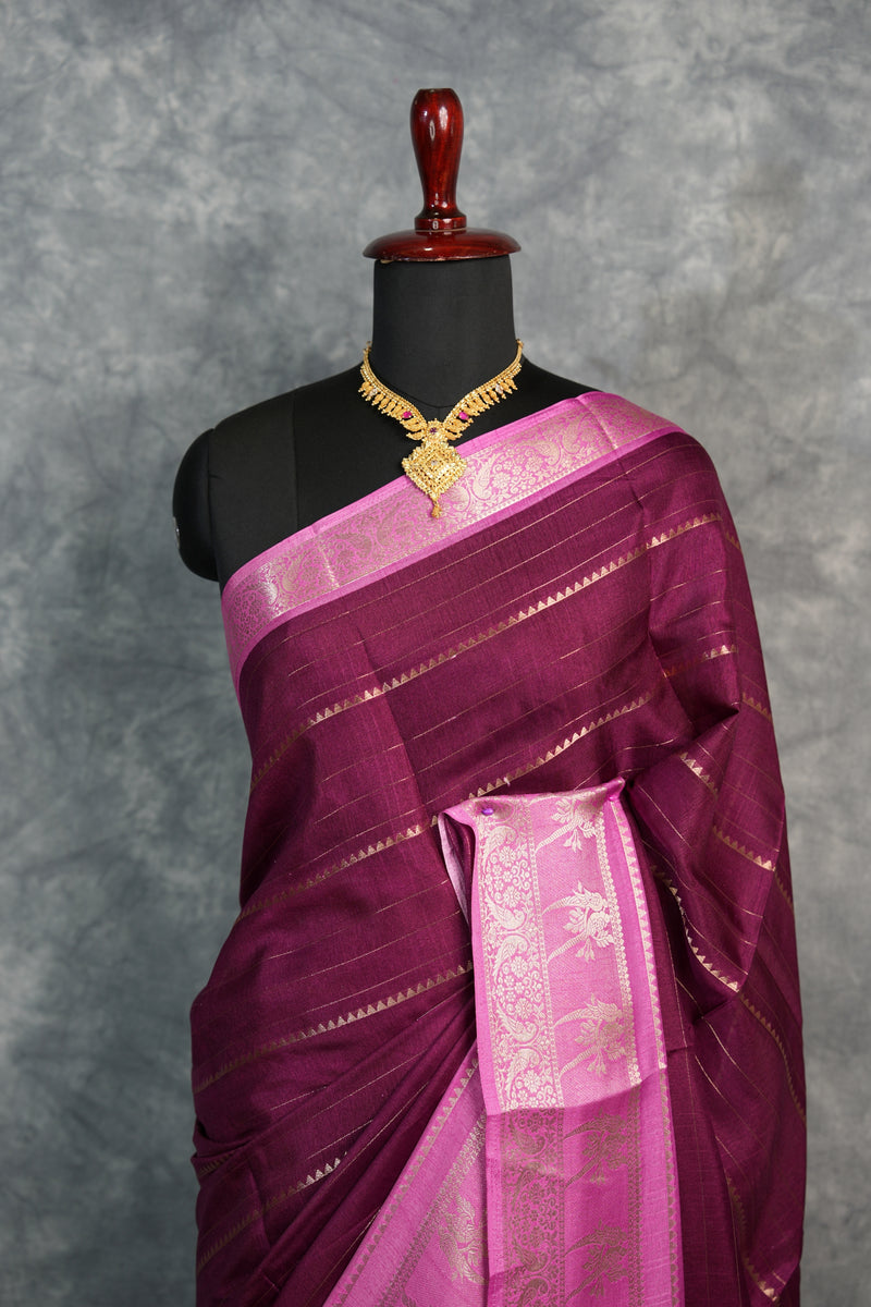Wine Semi Mysore Silk Saree with Pink Gold Zari Border & Floral Motif Pallu Traditional Festive Wedding Saree for Women Ethnic Indian Wear