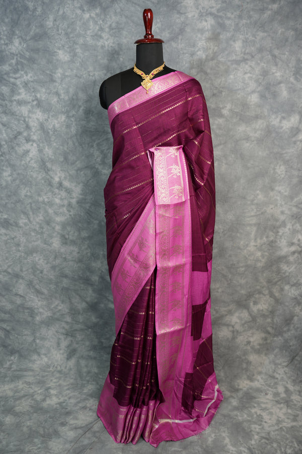 Wine Semi Mysore Silk Saree with Pink Gold Zari Border & Floral Motif Pallu Traditional Festive Wedding Saree for Women Ethnic Indian Wear