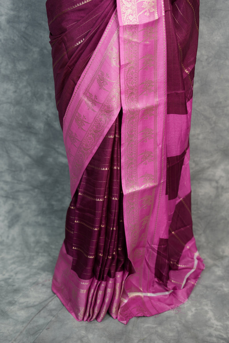 Wine Semi Mysore Silk Saree with Pink Gold Zari Border & Floral Motif Pallu Traditional Festive Wedding Saree for Women Ethnic Indian Wear