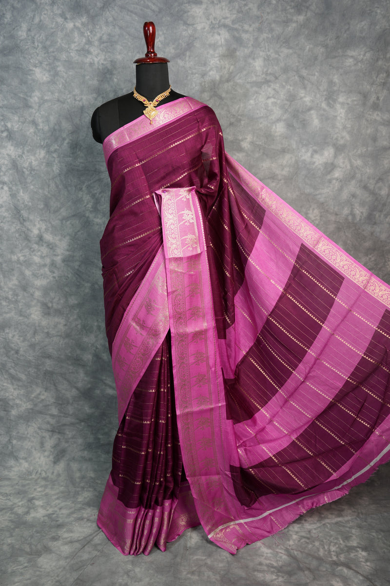 Wine Semi Mysore Silk Saree with Pink Gold Zari Border & Floral Motif Pallu Traditional Festive Wedding Saree for Women Ethnic Indian Wear
