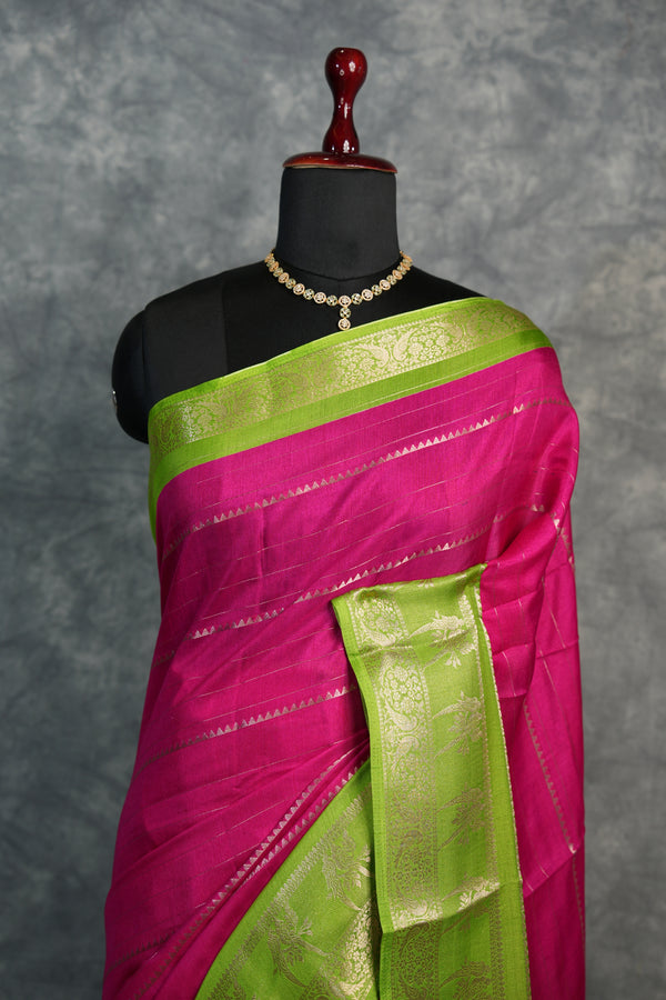 Rani Pink Semi Mysore Silk Saree with Parrot Green Border & Gold Zari Stripes Traditional Festive Saree for Women Perfect for Wedding, Diwali, Navratri & Special Occasions Ethnic Wear