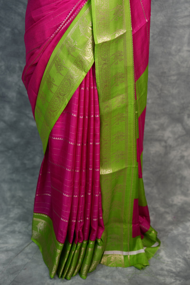 Rani Pink Semi Mysore Silk Saree with Parrot Green Border & Gold Zari Stripes Traditional Festive Saree for Women Perfect for Wedding, Diwali, Navratri & Special Occasions Ethnic Wear