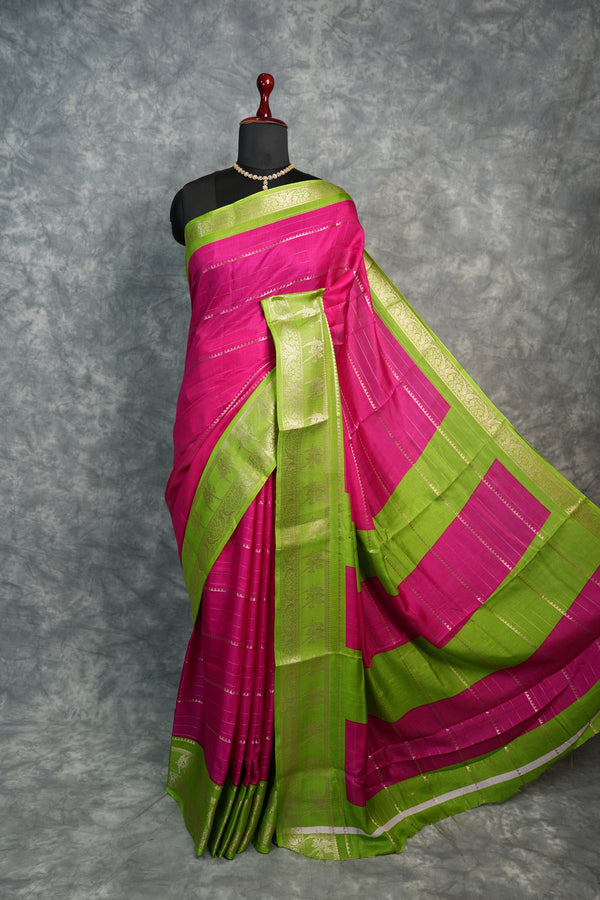 Rani Pink Semi Mysore Silk Saree with Parrot Green Border & Gold Zari Stripes Traditional Festive Saree for Women Perfect for Wedding, Diwali, Navratri & Special Occasions Ethnic Wear