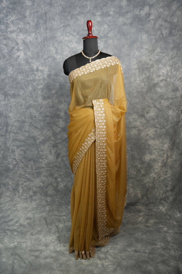 Golden Mustard Party Wear Saree - with Elegant Embroidered Border, Soft Shimmer Finish & Graceful Drape Perfect for Wedding, Reception, Festive Celebration & Traditional Occasion Styling for Women