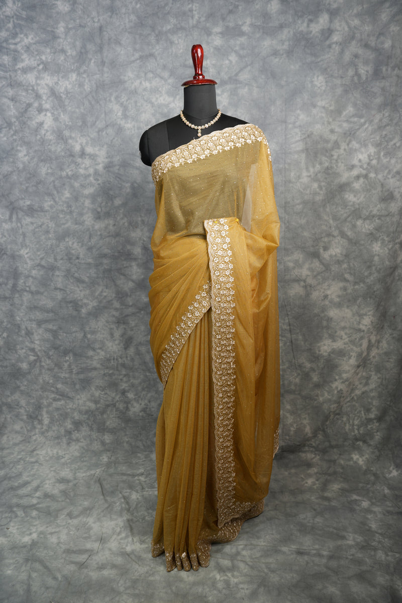 Golden Mustard Party Wear Saree - with Elegant Embroidered Border, Soft Shimmer Finish & Graceful Drape Perfect for Wedding, Reception, Festive Celebration & Traditional Occasion Styling for Women