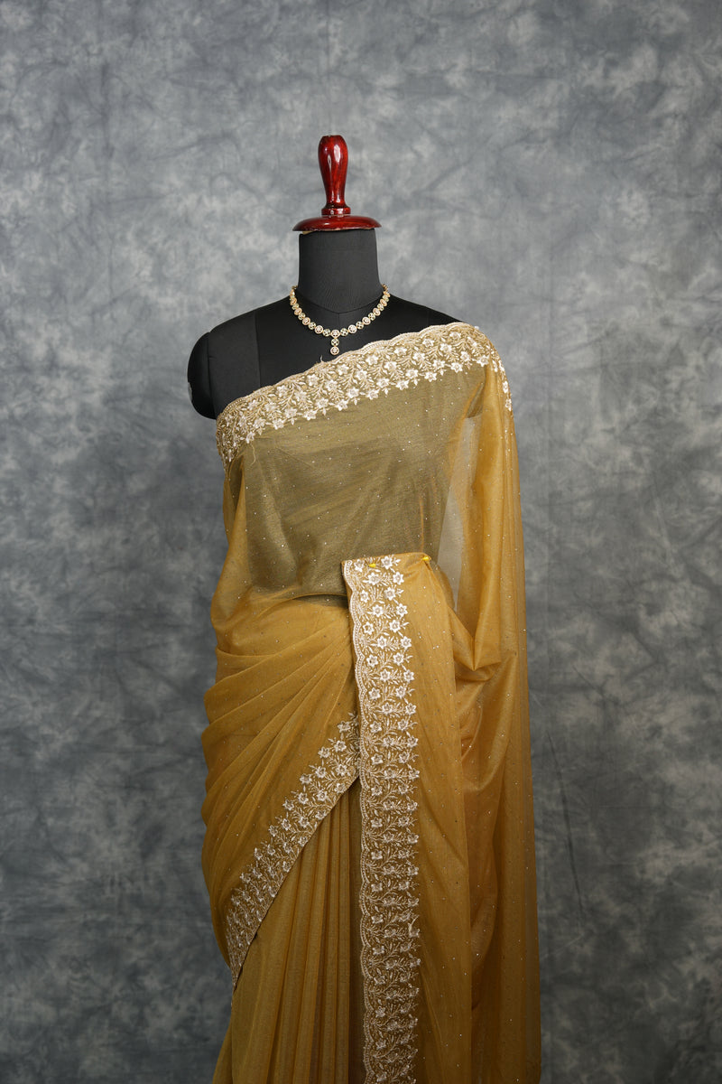 Golden Mustard Party Wear Saree - with Elegant Embroidered Border, Soft Shimmer Finish & Graceful Drape Perfect for Wedding, Reception, Festive Celebration & Traditional Occasion Styling for Women