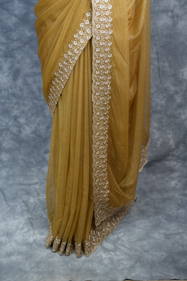 Golden Mustard Party Wear Saree - with Elegant Embroidered Border, Soft Shimmer Finish & Graceful Drape Perfect for Wedding, Reception, Festive Celebration & Traditional Occasion Styling for Women