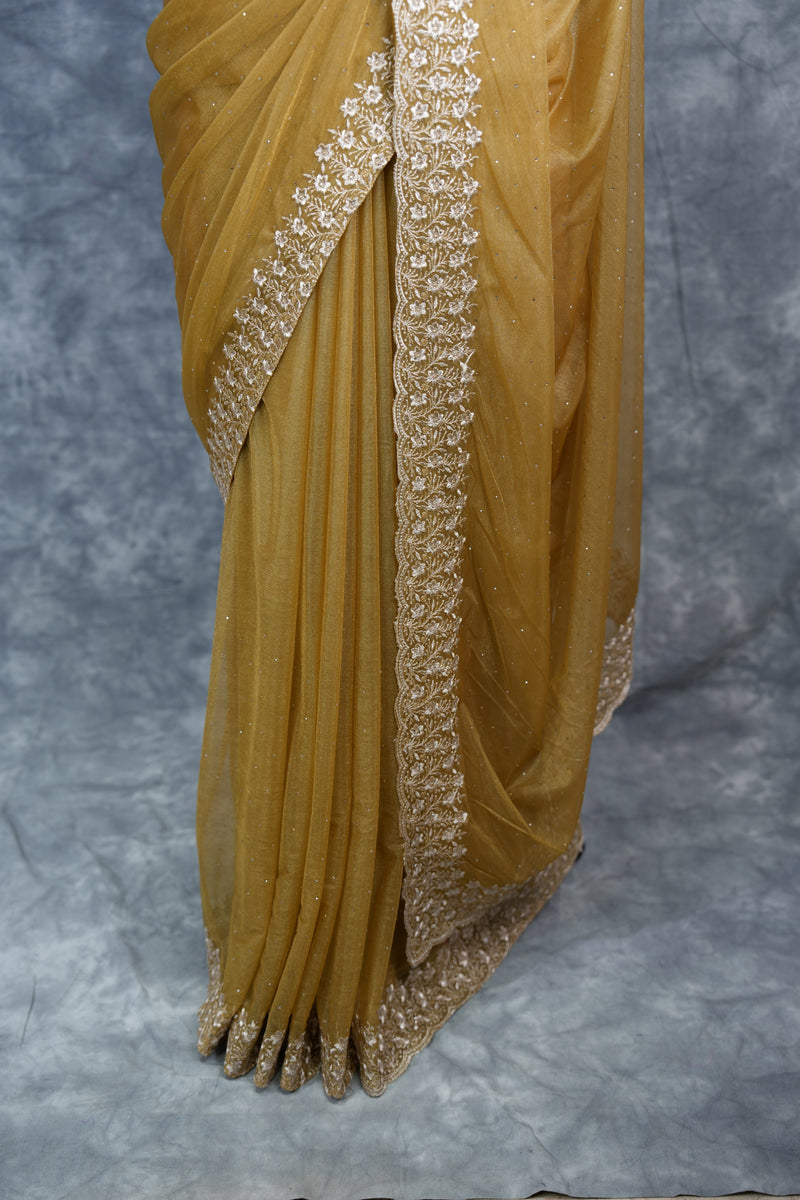 Golden Mustard Party Wear Saree - with Elegant Embroidered Border, Soft Shimmer Finish & Graceful Drape Perfect for Wedding, Reception, Festive Celebration & Traditional Occasion Styling for Women