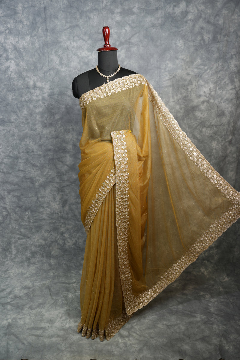 Golden Mustard Party Wear Saree - with Elegant Embroidered Border, Soft Shimmer Finish & Graceful Drape Perfect for Wedding, Reception, Festive Celebration & Traditional Occasion Styling for Women