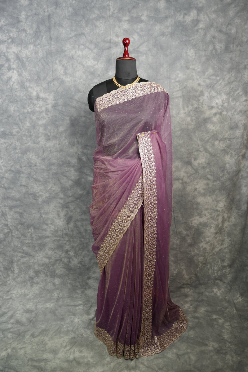 Dusty Mauve Purple Party Wear Saree with Elegant Embroidered Border, Soft Shimmer Finish & Graceful Flow Perfect for Wedding, Reception, Festive Celebration & Traditional Occasion Styling for Women