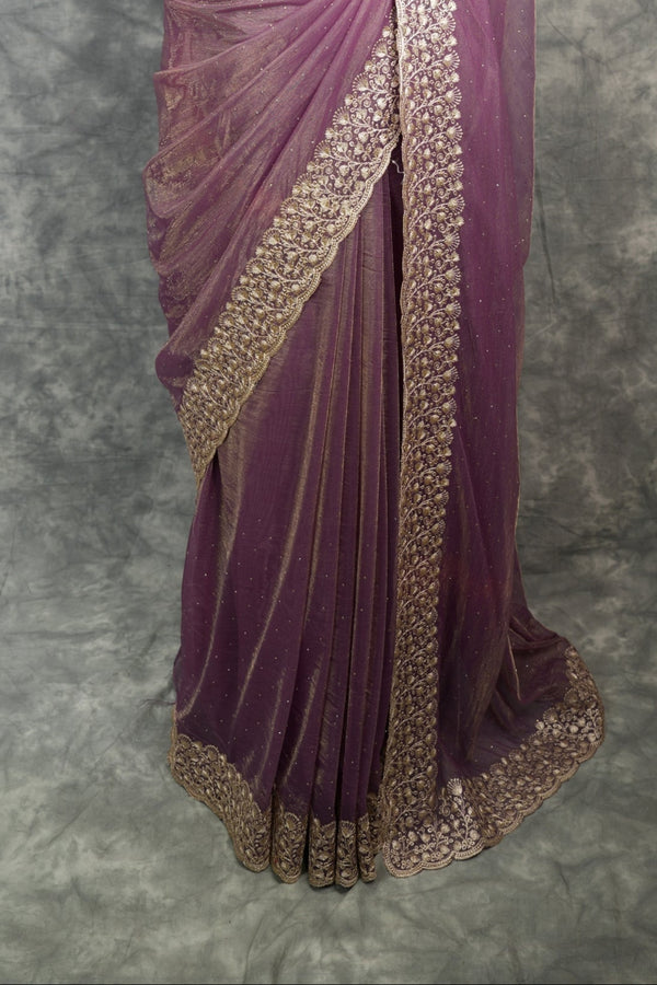 Dusty Mauve Purple Party Wear Saree with Elegant Embroidered Border, Soft Shimmer Finish & Graceful Flow Perfect for Wedding, Reception, Festive Celebration & Traditional Occasion Styling for Women