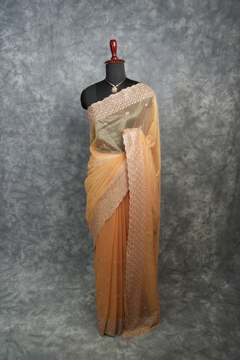 Soft Peach Gold Party Wear Saree with Rich Embroidery, Subtle Sparkle & Elegant Drape Ideal for Weddings, Parties, Festive Occasions & Ethnic Fashion Looks for Women