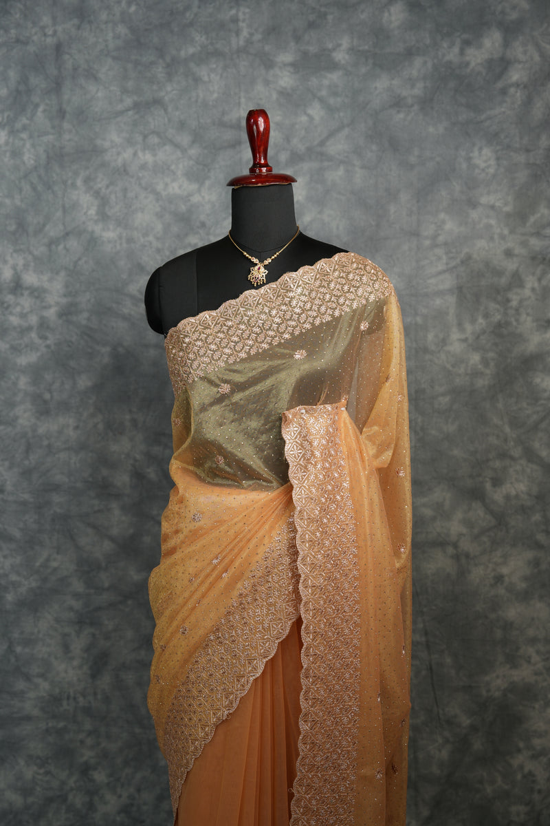 Soft Peach Gold Party Wear Saree with Rich Embroidery, Subtle Sparkle & Elegant Drape Ideal for Weddings, Parties, Festive Occasions & Ethnic Fashion Looks for Women