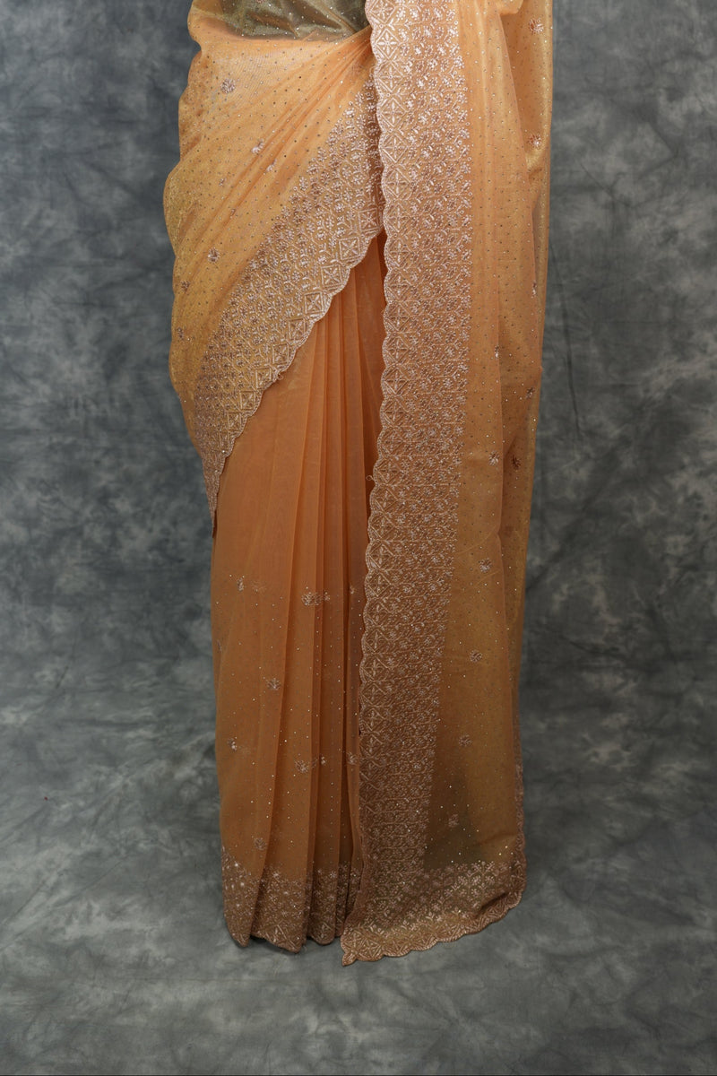 Soft Peach Gold Party Wear Saree with Rich Embroidery, Subtle Sparkle & Elegant Drape Ideal for Weddings, Parties, Festive Occasions & Ethnic Fashion Looks for Women