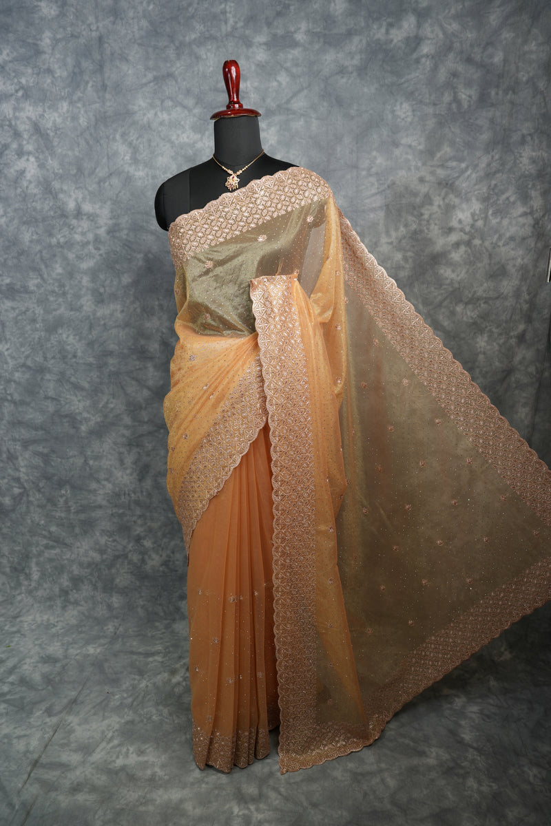 Soft Peach Gold Party Wear Saree with Rich Embroidery, Subtle Sparkle & Elegant Drape Ideal for Weddings, Parties, Festive Occasions & Ethnic Fashion Looks for Women