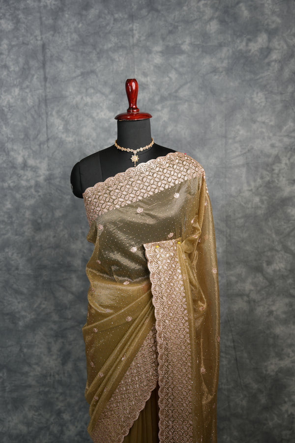 Olive Gold Party Wear Saree with Elegant Embroidered Border, Soft Shimmer Finish & Graceful Designer Drape Perfect for Wedding, Reception, Festive Celebration & Traditional Occasion Styling for Women