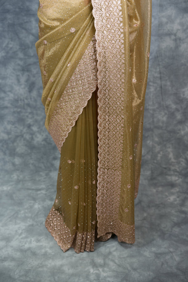 Olive Gold Party Wear Saree with Elegant Embroidered Border, Soft Shimmer Finish & Graceful Designer Drape Perfect for Wedding, Reception, Festive Celebration & Traditional Occasion Styling for Women