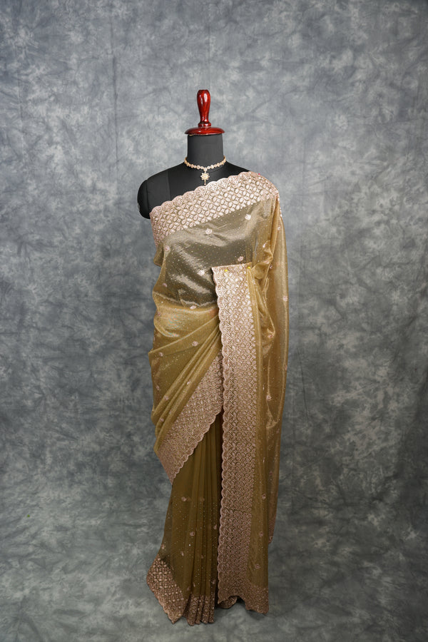 Olive Gold Party Wear Saree with Elegant Embroidered Border, Soft Shimmer Finish & Graceful Designer Drape Perfect for Wedding, Reception, Festive Celebration & Traditional Occasion Styling for Women