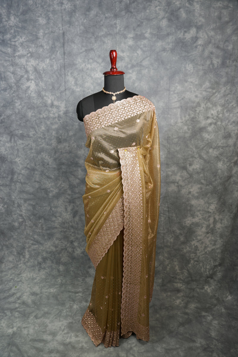 Olive Gold Party Wear Saree with Elegant Embroidered Border, Soft Shimmer Finish & Graceful Designer Drape Perfect for Wedding, Reception, Festive Celebration & Traditional Occasion Styling for Women