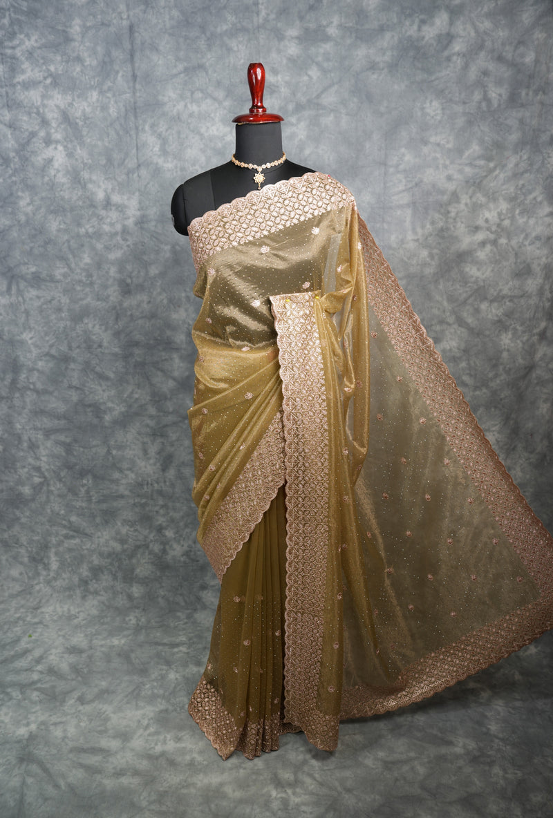 Olive Gold Party Wear Saree with Elegant Embroidered Border, Soft Shimmer Finish & Graceful Designer Drape Perfect for Wedding, Reception, Festive Celebration & Traditional Occasion Styling for Women