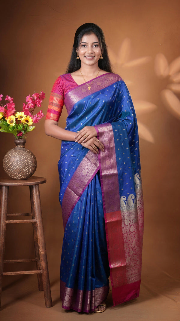 Royal Blue Semi Banarasi Silk Saree | Gold Zari Butti Weave | Pink Peacock Pallu Wedding Wear