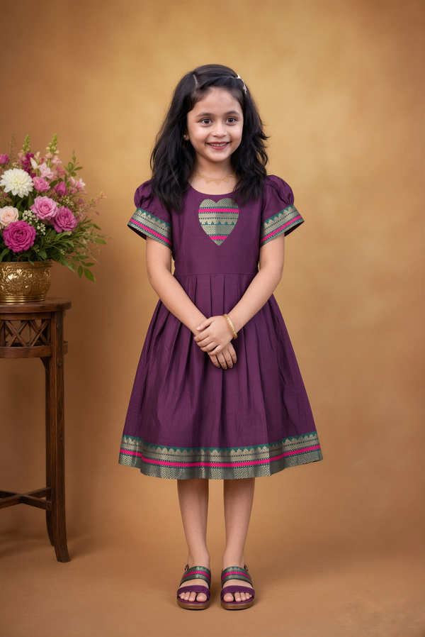Girls Cotton Frock | Purple with Heart Patch & Pink Green Zari Border | Festive & Function Wear