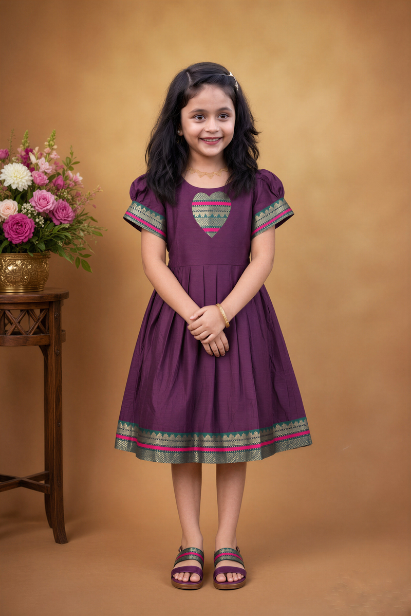 Girls Cotton Frock | Purple with Heart Patch & Pink Green Zari Border | Festive & Function Wear