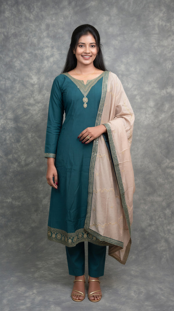 Deep Teal Silk Anarkali Chudithar Set | Gold Zari Sequin Embroidery | Festive & Wedding Wear
