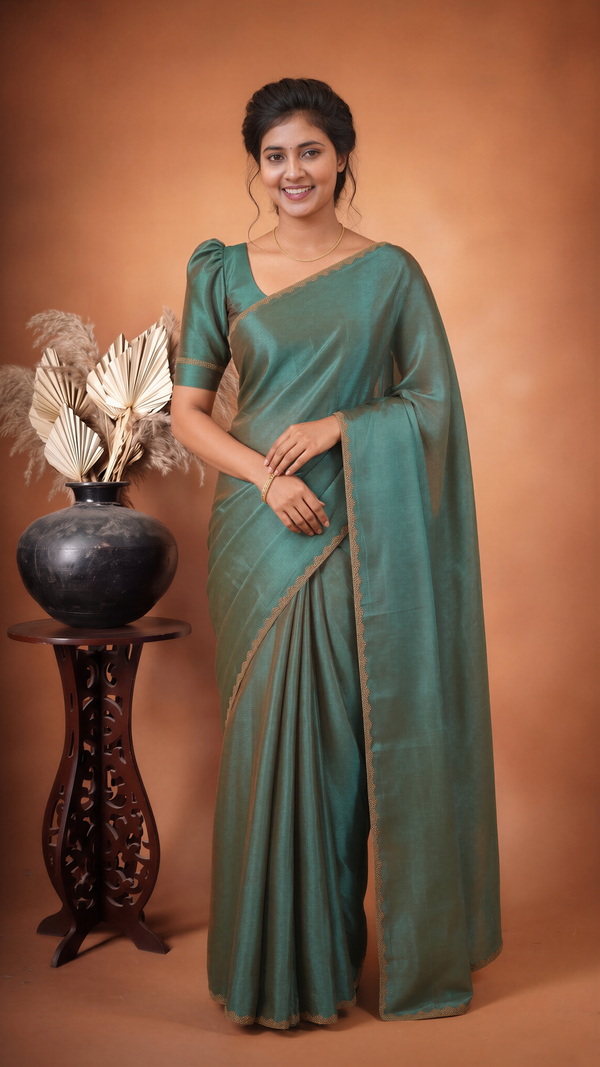 Space Silk Saree | Green with Shimmer Finish and Gold Scalloped Edge | Simple Elegant Wear