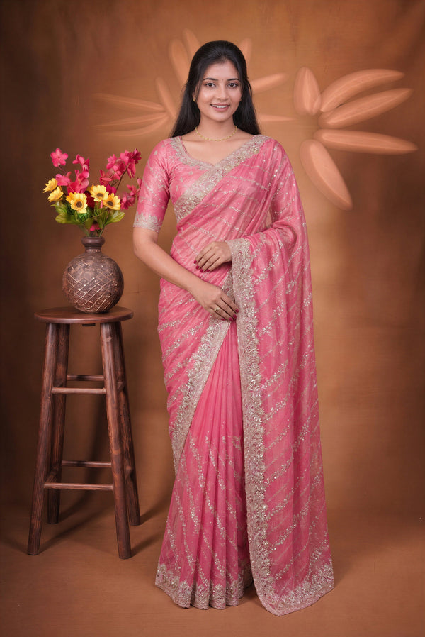 Designer Twill Net Saree | Pink Purple Ombre with Stone Embroidery Border | Party Wear