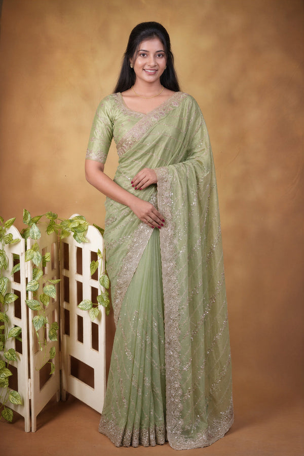 Designer Twill Net Saree | Sage Green with Sequin Embroidery & Scalloped Border | Party Wear