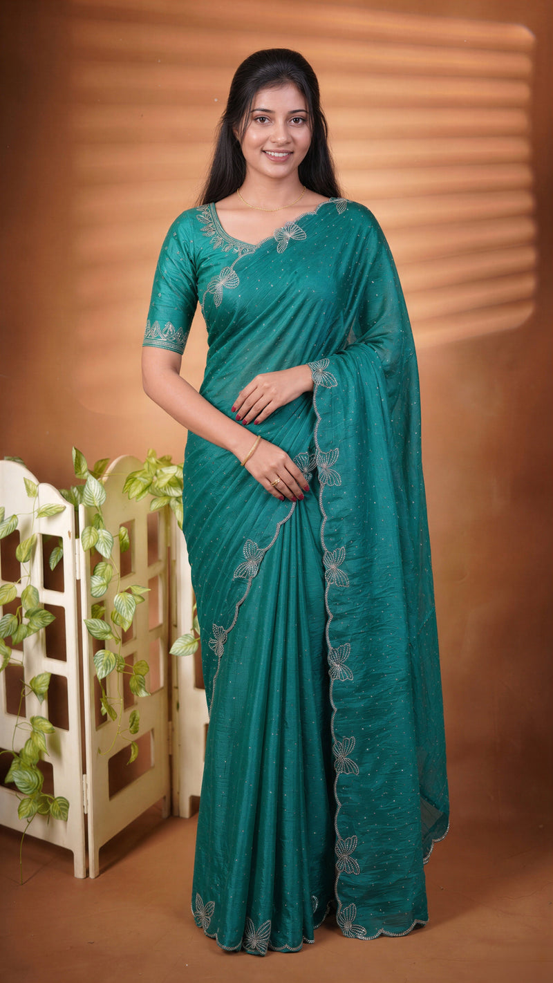 Designer Party Wear Saree | Emerald Teal with Scalloped Cutwork Edge | Reception Wear