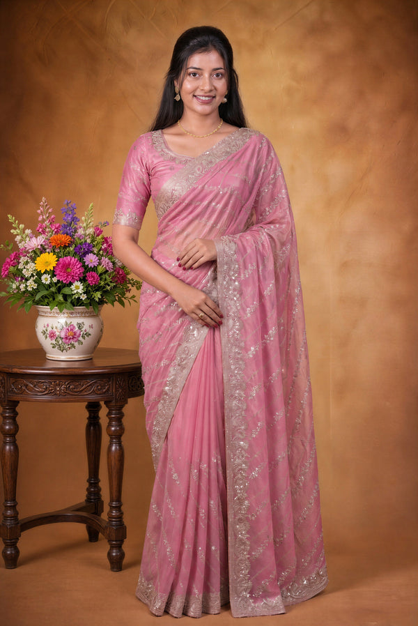 Ombre Pink Designer Saree | Sequin Work with Scalloped Embroidered Border | Wedding Reception