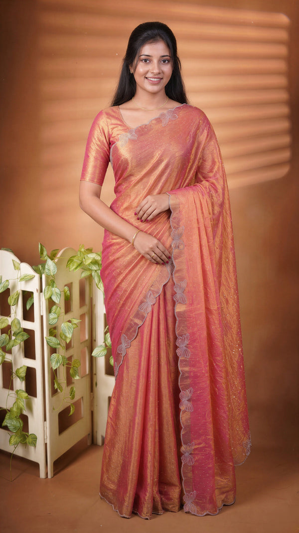 Designer Saree | Orange with Butterfly Stone Work Scalloped Border | Party & Wedding Wear