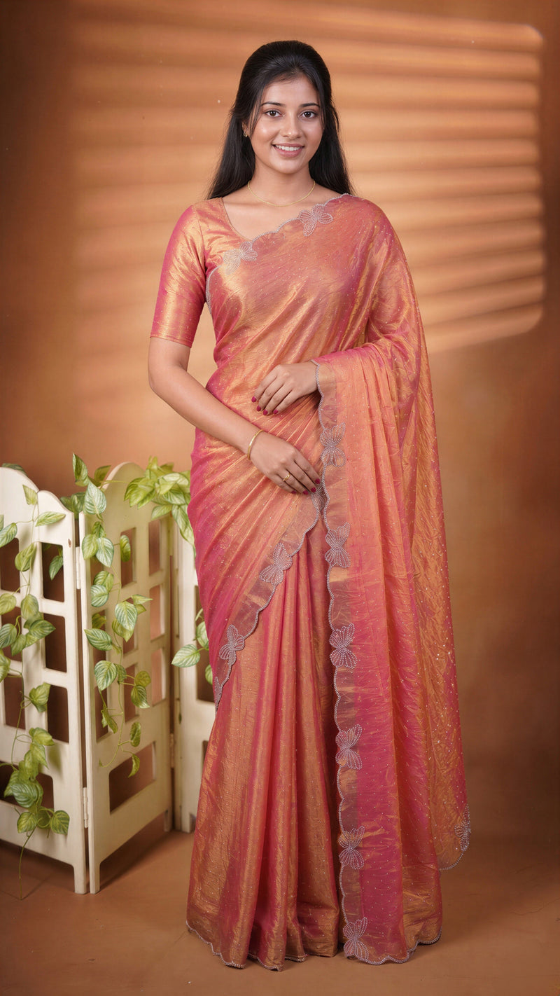 Designer Saree | Orange with Butterfly Stone Work Scalloped Border | Party & Wedding Wear