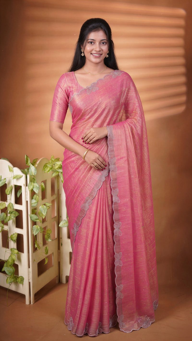 Designer Saree | Soft Rose Pink Shimmer with Butterfly Stone Work Scalloped Border | Party & Wedding Wear