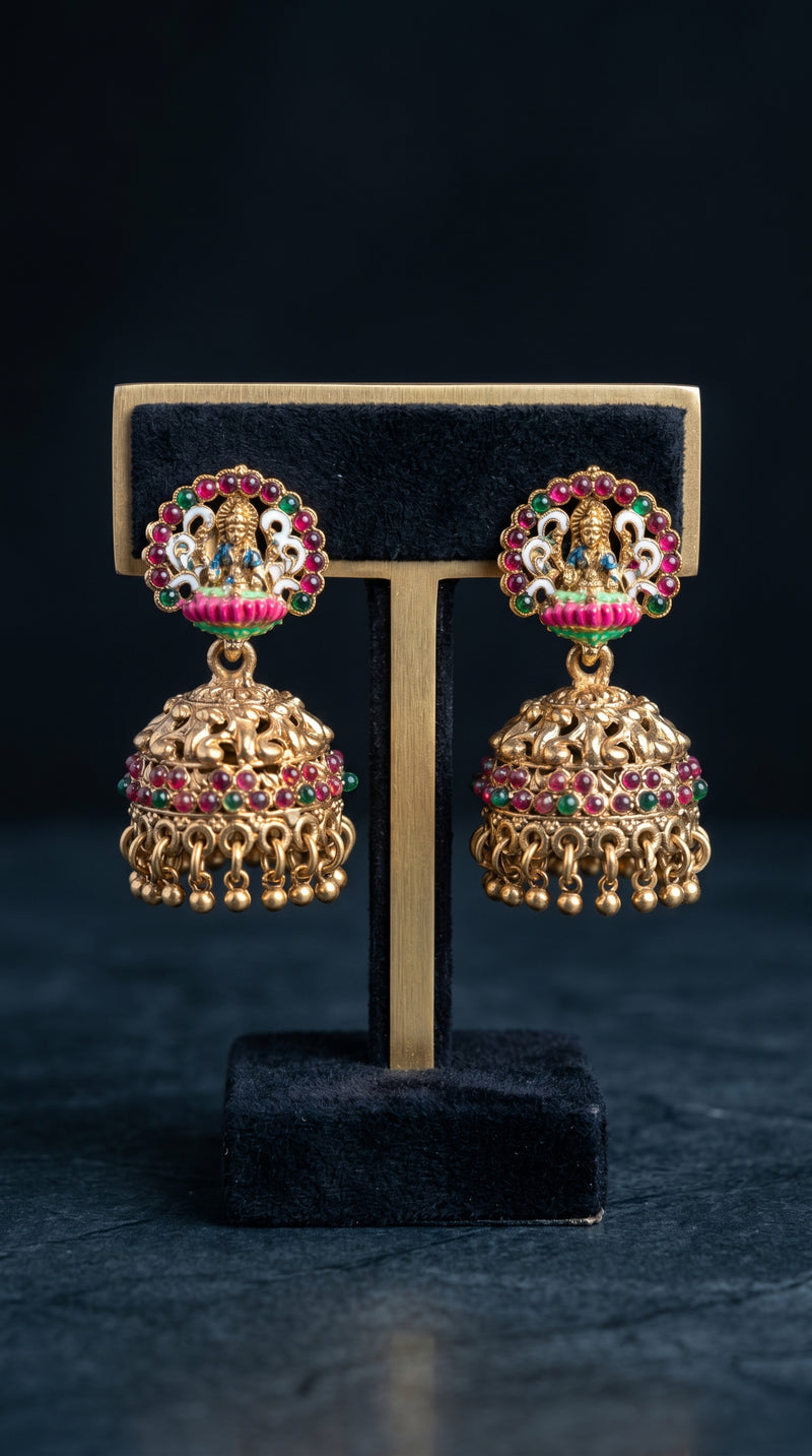 Antique Gold Lakshmi Jhumka Earrings with Meenakari Work and Ruby Green Stones for Traditional South Indian Wear
