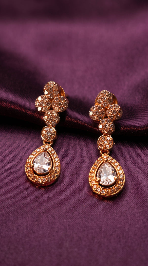 Anti Gold CZ Teardrop Drop Earrings with Sparkling Cubic Zirconia Floral Stud Design